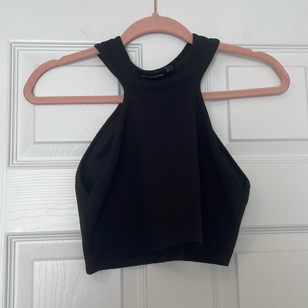 Prettylittlething high neck black crop top